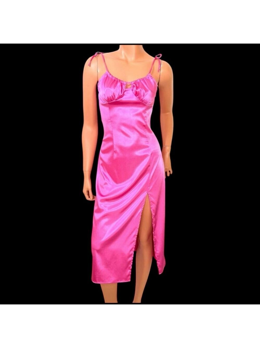 Hot Pink Satin Babydoll Slip Dress Ruffle Bust with Keyhole Slit Y2K Barbiecore